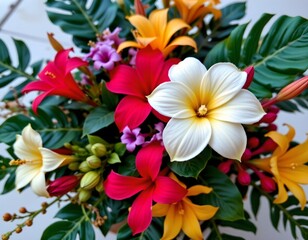 Fototapeta premium Vibrant Tropical Floral Arrangement with Green Foliage Natural Light