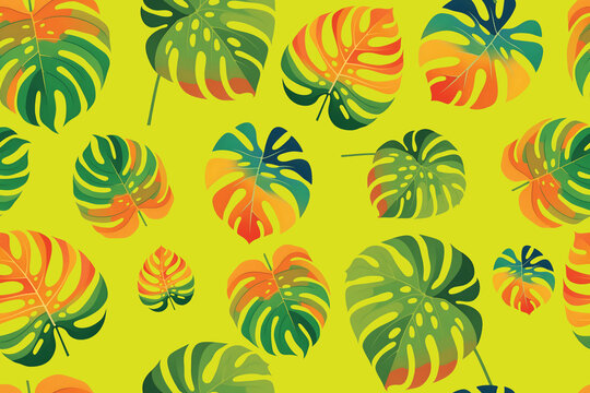 Tropical monstera leaves in vibrant shades. Seamless botanical pattern