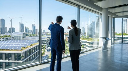 Fototapeta premium Business professionals discussing sustainable urban development with solar panels and wind turbines visible through office window, green energy concept