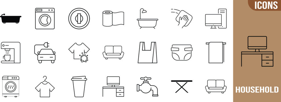 Everyday household objects vector icons. sofa icon set, bathtub icon set, diaper icon set