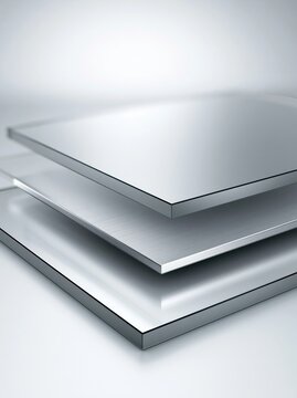 Three stacked metal aluminum composite panels isolated on white background. Modern industrial material for architectural cladding and signage design concepts.