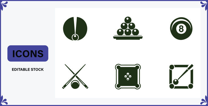 Billiards pool icons set with balls cue stick and rack on table  editable stock