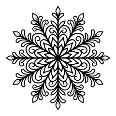 Obraz premium Symmetrical black snowflake with delicate leaf-like filigree branches, isolated on a white background, for winter