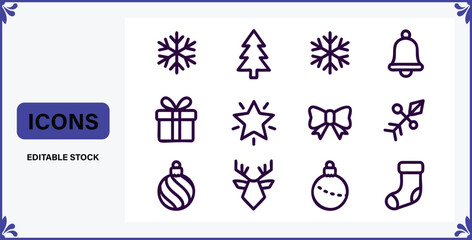Christmas icons set including snowflakes tree bell gift star bow ornament reindeer ball stocking © Badsha Mollik