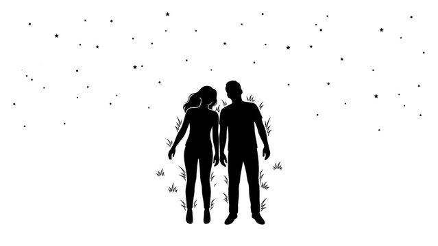 Pasangan siluet pria wanita di bawah bintang malam romantis