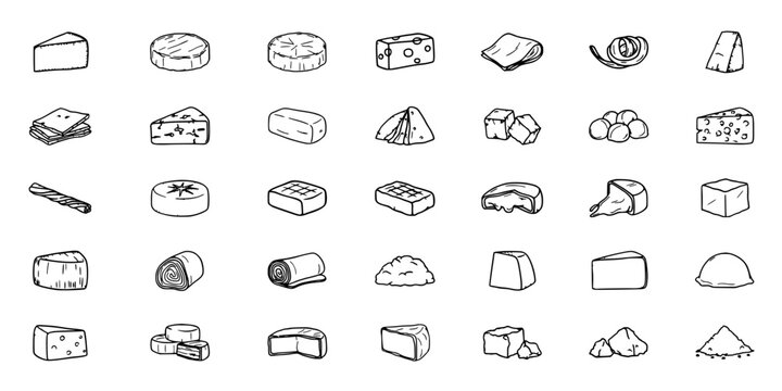 Cheese Collection of 30 Different Types of Cheese Icons with Hand-Drawn Monochrome Outlines Featuring Dairy, Food, Icon