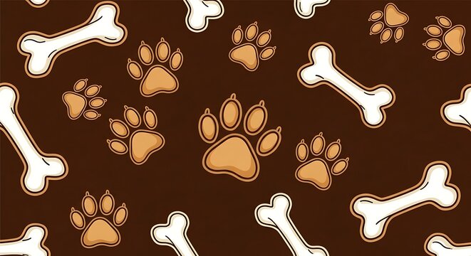 Playful Dog Paw Prints and Bones Pattern on Brown Background