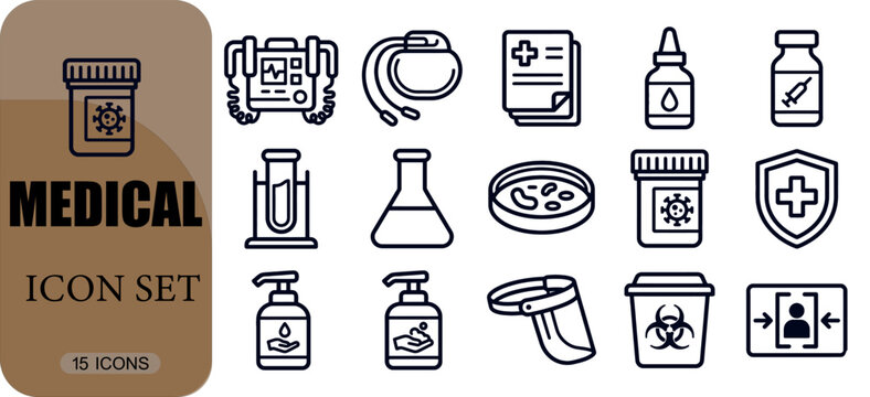 Set of medical icons, including laboratory equipment, protective gear, and healthcare supplies, vector illustration for clinical and scientific use