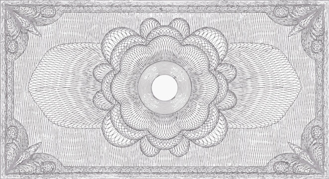 Pale lavender guilloche pattern with central floral rosette, intricate spirograph line art, and decorative rectangular border used for security documents like banknotes and certificates.