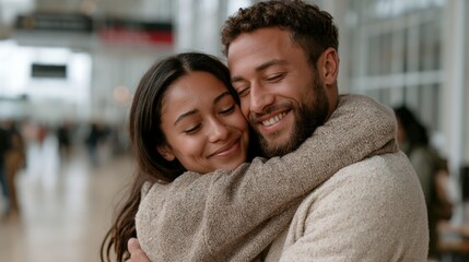 Fototapeta premium Man and woman hugging at airport terminal, happy
