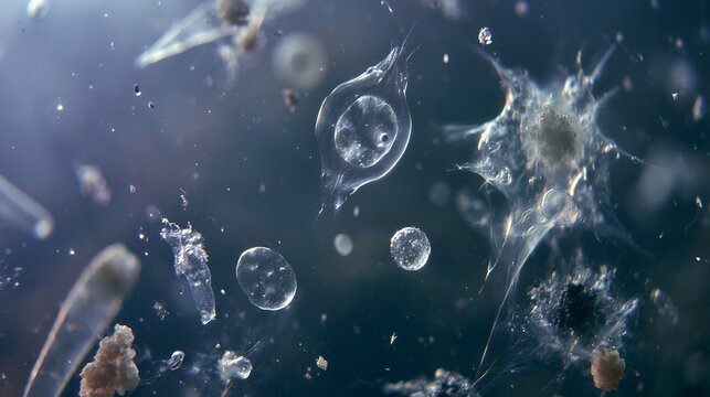 Microscopic view of soil microbes and amoeba in dark watery environment