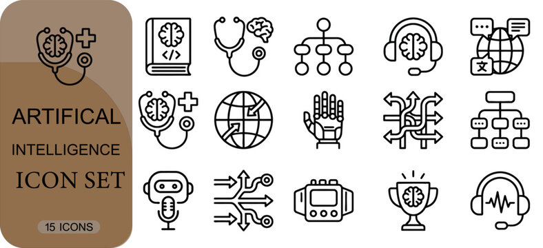 Artificial intelligence icon set, ai technology line icons, machine learning, neural network, robotics, digital brain, data processing, vector illustration