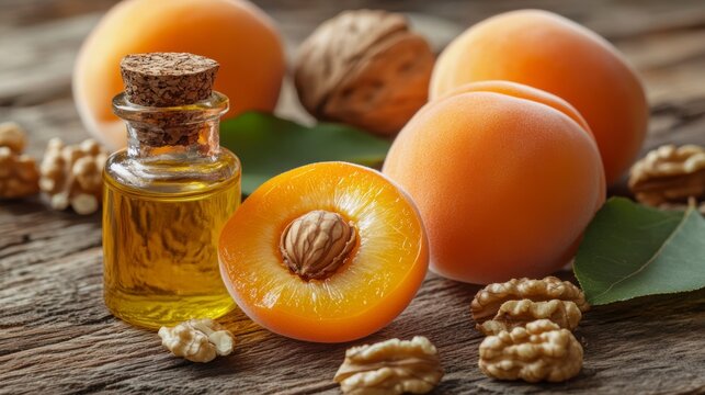 Apricot kernel oil in small glass bottle with fresh apricots and walnuts on rustic wooden background.