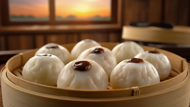 Steaming hot baozi dumplings served in a bamboo steamer at sunset in a cozy kitchen setting