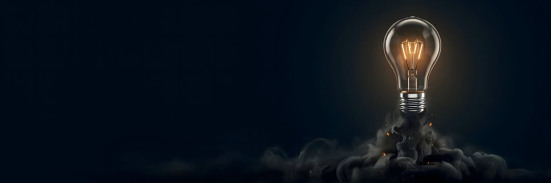 Brilliant light bulb launching like a rocket through dark smoke representing a powerful new idea