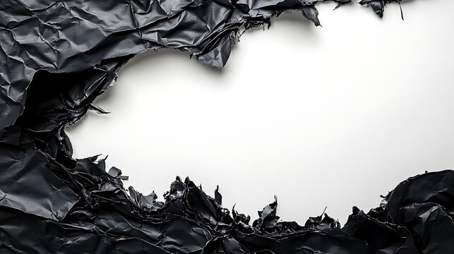Torn black plastic sheet on white background with ripped edges and crumpled texture