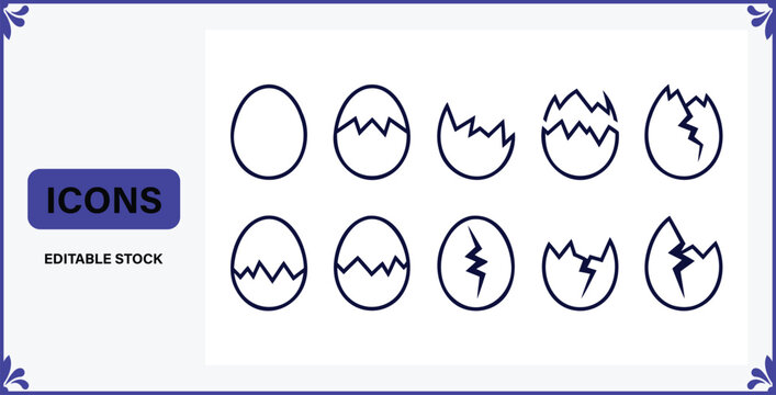 Set of cracked egg icons in different stages isolated on white background for graphic design