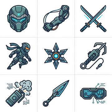 Futuristic tactical ninja and cybernetic gadget icons.
