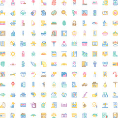 Fototapeta premium Large collection of diverse outline vector icons illustrating various concepts including everyday objects, technology, food, science, and medical themes on a white background