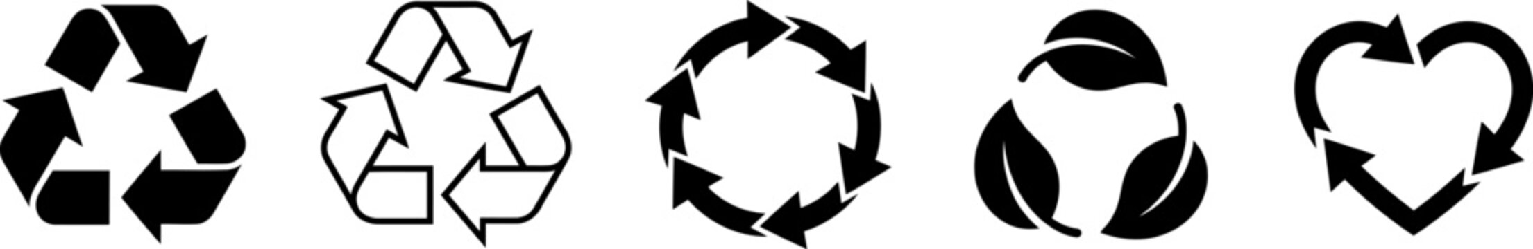 Set of recycling symbols and icons in black
