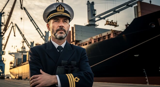 Confident Ship Captain Standing with Crossed Arms at Industrial Cargo Port