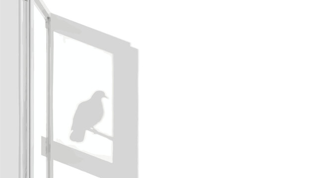 Small pigeon silhouette perched on a window ledge looking inside abstract home security urban bird graphic element