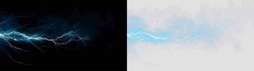Electric blue lightning bolts with soft clouds on transparent background creating a dynamic scene for designs and graphics © Liubov