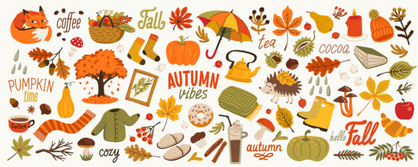 Autumn fall sticker set with cozy seasonal elements like pumpkins, coffee, tea, and leaves. Vector illustration with warm colors and cute fall vibes for cards, prints, and decoration © ✦ Bizarre Factory ✦