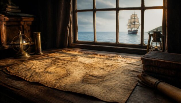 There is an old map on a table next to a window with a ship in the background