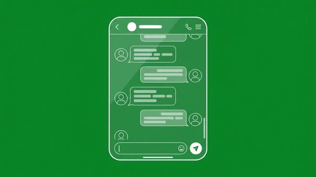 Phone screen showing chat conversation appearing with subtle zoom and fading effects on green background