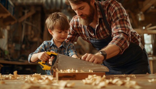 There is a man and a young boy that are working on a piece of wood