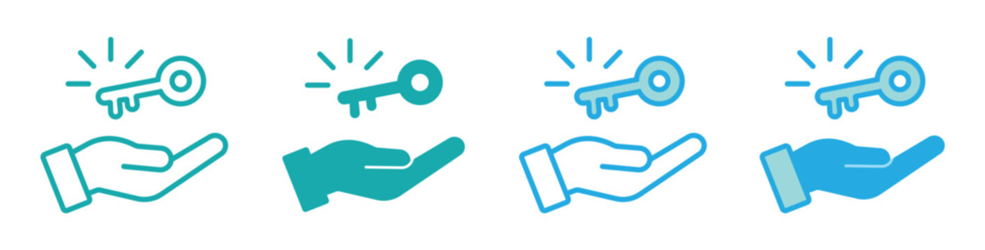 A collection of hand giving key icon with unlocking potential and four design styles. perfect symbol for hand holding and glowing key. vector illustration.