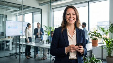 Obraz premium Business meeting takes place in office with people discussing and a woman using her phone