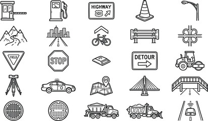 Highway Infrastructure and Road Construction Outline Icons Set Featuring Hand Drawn Gas Pump Toll Gate Police Car and Bridge Graphics for City Traffic Navigation Vector Illustration © Raihan1971