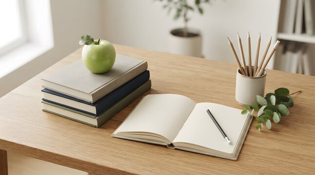 Education Concept Green Apple on Book Stack with Open Notebook Pencil and Study Desk in Bright Learning Environment