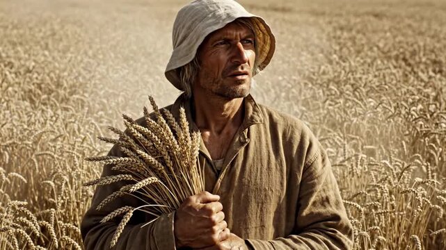 Rugged field worker in cloth bucket hat grips wheat sheaf while looking across dusty grain crops, sincere farmers day portrait of harvest labor, resilience and sun washed rural livelihood story