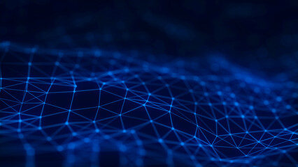 Blue polygon network background with connected nodes, thin lines and soft bokeh depth. Abstract digital mesh for technology, data transfer, communication and futuristic interface design. © Alina