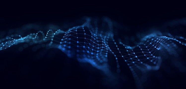 Glowing blue wave on a dark background, formed by connected dots and thin mesh lines. Abstract digital network surface for data flow, online communication, technology interface and futuristic bac