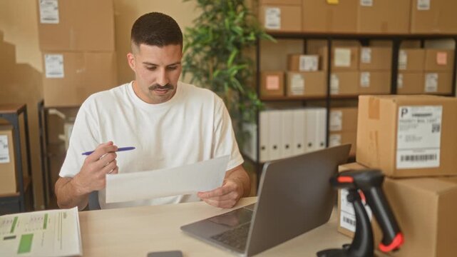 Man holding invoice and pen, hand visible while checking laptop and stacked packages at a building desk; efficiency focused.