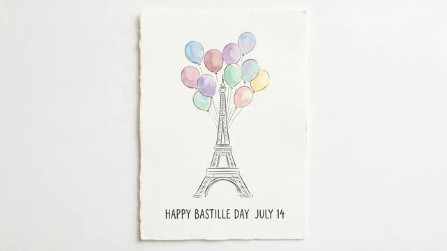 Hand drawn sketch of Eiffel Tower with balloons for Bastille Day greeting