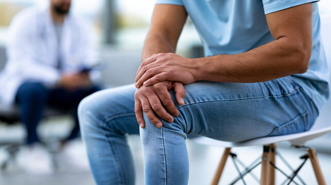 Faceless man experiencing knee pain and injury while at medical clinic with doctor in blurred background, orthopedic rehabilitation concept, medical photography, blurred clinic