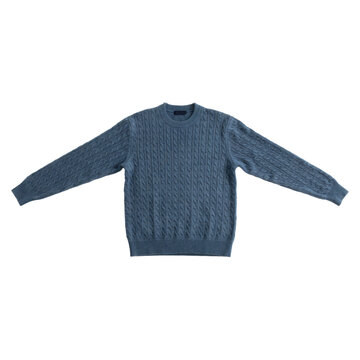 A blue long sleeve cable knit sweater with a round neck isolated on a white background, showing textured wool fabric and winter clothing