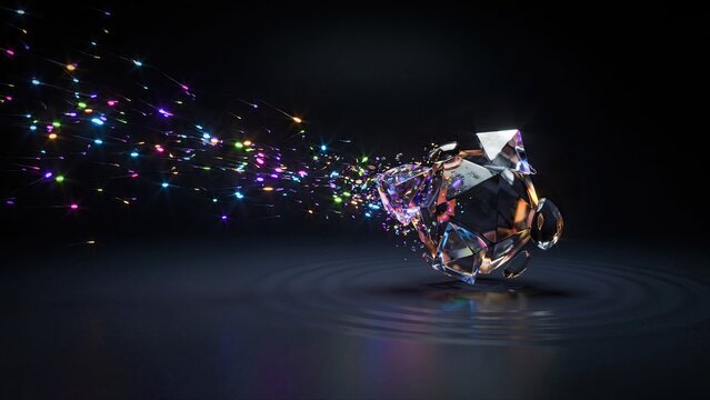 Crystal sphere disintegrates into a cloud of vibrant multicolored light particles while resting upon a dark surface.