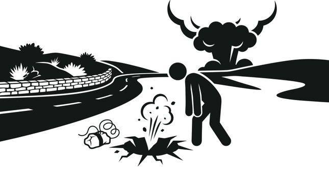 Man faces explosion and sinkhole on road, danger concept