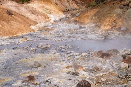 Steaming hot springs and sulfur-crusted boulders in an active geothermal field, Selt&uacute;n, Iceland