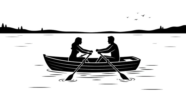 Pasangan pria wanita mendayung perahu di danau dengan pemandangan alam indah