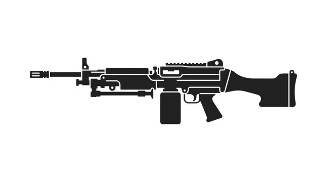 Machine Gun Silhouette Icon, Military Weapon Vector Art