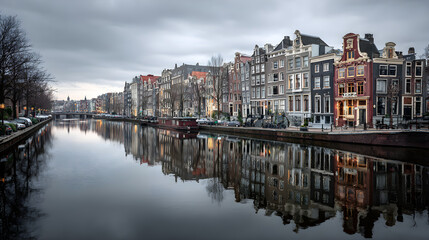 Fototapeta premium Historical gabled townhouses along a calm urban canal at twilight under a cloudy sky reflecting the architectural beauty of a traditional city waterfront