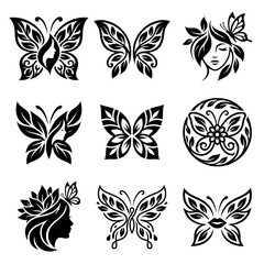 Fototapeta premium Black silhouettes of butterflies and woman.