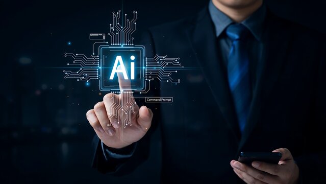 AI Innovation Touchpoint: A businessman in a suit reaches out to touch a glowing AI interface, symbolizing the intersection of technology and human ingenuity in the digital age.